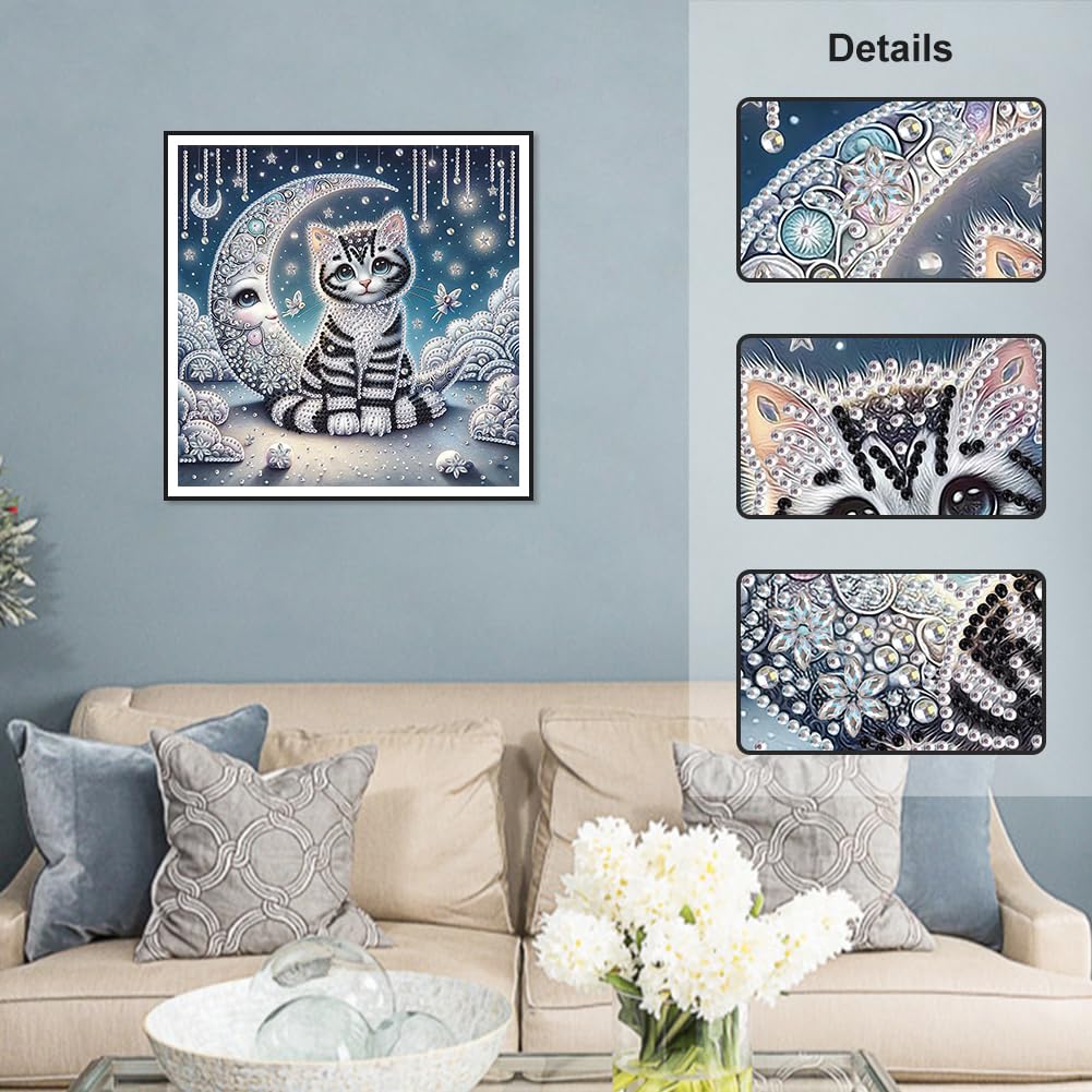 Stalente Diamond Painting Kits for Adults Cat and Moon, 5D Special Shape Diamond Art Kits for Beginners, Crystal Rhinestones Diamond Painting for Home Wall Decoration Gift 12×12inch, Animal Stalente