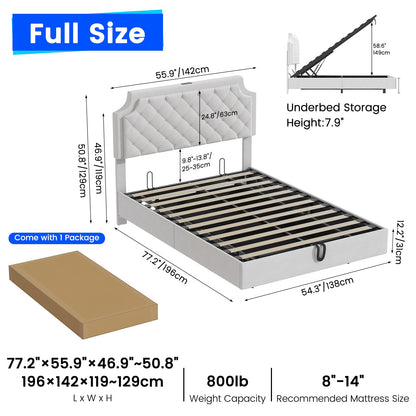 Elegant White Floating Full Size Bed Frame with Adjustable Headboard and Fast Charging Station - WoodArtSupply