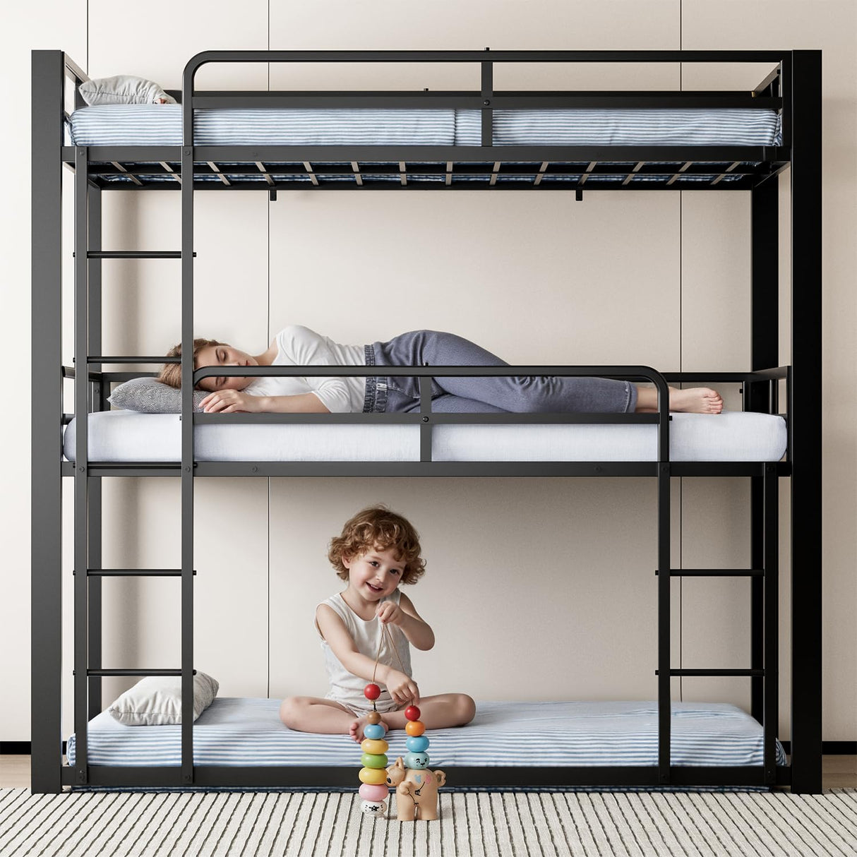 Mixcous Metal Triple Bunk Bed, Twin Over Twin Over Twin Heavy Duty Bunkbeds, Full-Length Guardrail Family-Friendly for All Ages, Bedroom, No Box Spring Needed, Easy Assembly, Black Mixcous