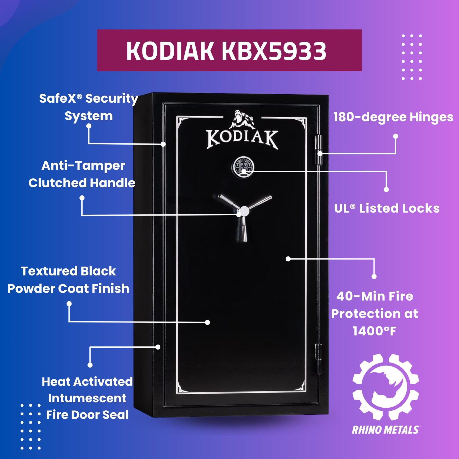 Kodiak Home Gun Safe for Rifles & Pistols | KBX5933 by Rhino Metals with New SafeX Security System | 46 Long Guns & 6 Pistol Pockets | 40 Minute Fire Protection | 395lbs - WoodArtSupply