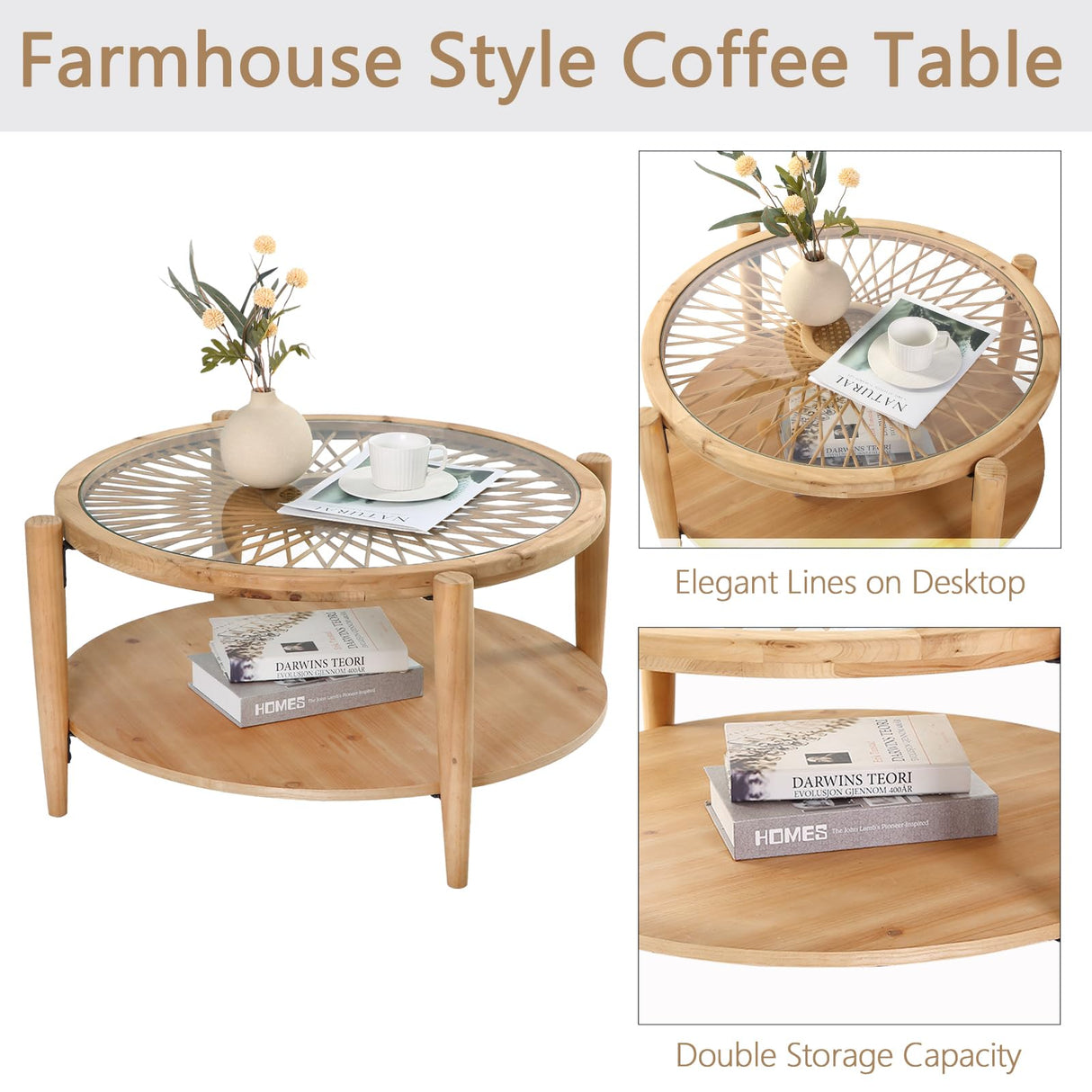 RUSTOWN Rattan Round Coffee Tables, 2-Tier Sofa Table with Rattan & Tempered Glass Top and Wood Legs, Accent Side Coffee Table for Living Room(Natural) RUSTOWN