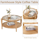 RUSTOWN Rattan Round Coffee Tables, 2-Tier Sofa Table with Rattan & Tempered Glass Top and Wood Legs, Accent Side Coffee Table for Living Room(Natural) RUSTOWN