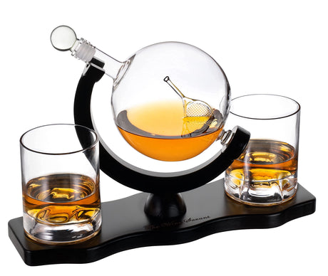 Globe Whiskey Decanter Set with 2 Liquor Glasses - Tennis Whisky Decanter & Glass Set with Elegant Mahogany Wood Base - Tennis Gifts for Dad, Men - Bourbon & Scotch Decanter - Tennis Lovers Gifts The Wine Savant