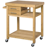 HOMCOM Bamboo Kitchen Island Cart on Wheels, Utility Trolley Cart with 2 Storage Drawers and Open Shelves, Natural HOMCOM