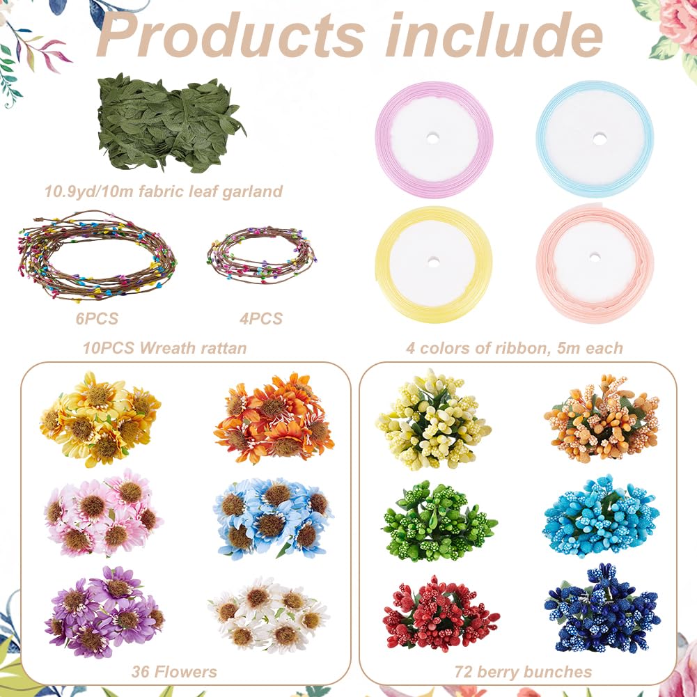 FREEBLOSS 16 Set Flower Crowns DIY Kit Flower Crown DIY Flower Crowns Chrysanthemum Headband Making Kit Handmade Floral Hair Accessories for Wedding Birthday Fairy Party Favors DIY Arts and Crafts FREEBLOSS