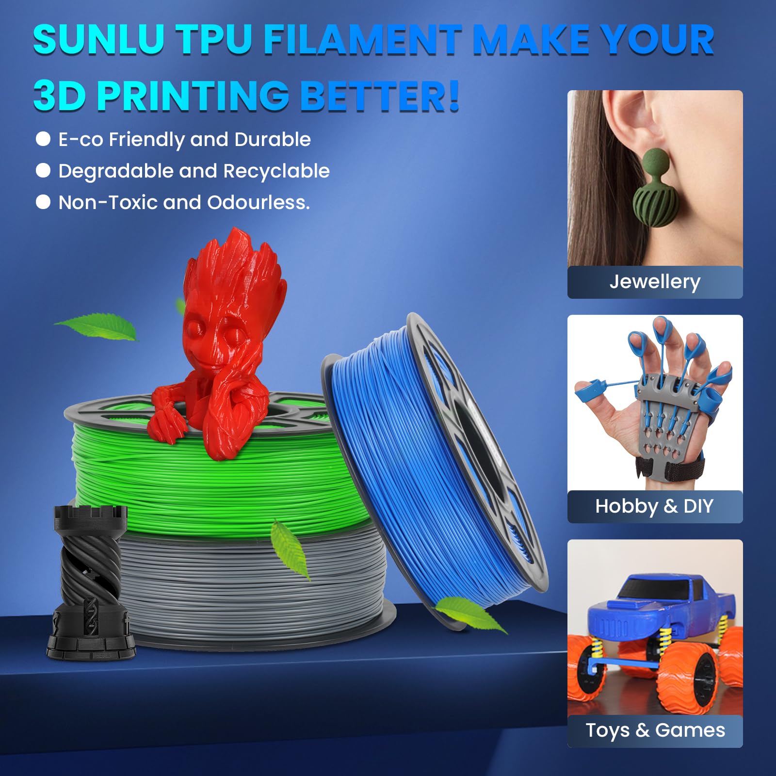 SUNLU TPU Filament 1.75mm Flexible 3D Printer Filament 1KG, 95A Soft 3D Printing Filament fit Most FDM 3D Printers, Dimensional Accuracy +/- 0.03mm, 95A Flexible Filament TPU, 1kg (2.2lbs), B - WoodArtSupply