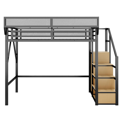 SOFTSEA Queen Size Loft Bed with Storage Stairs, Heavy Duty Metal Loft Bed with Storage Wardrobe and Shelves for Adults Teens Kids, Space Saving Bed Frame with Guardrail, Black