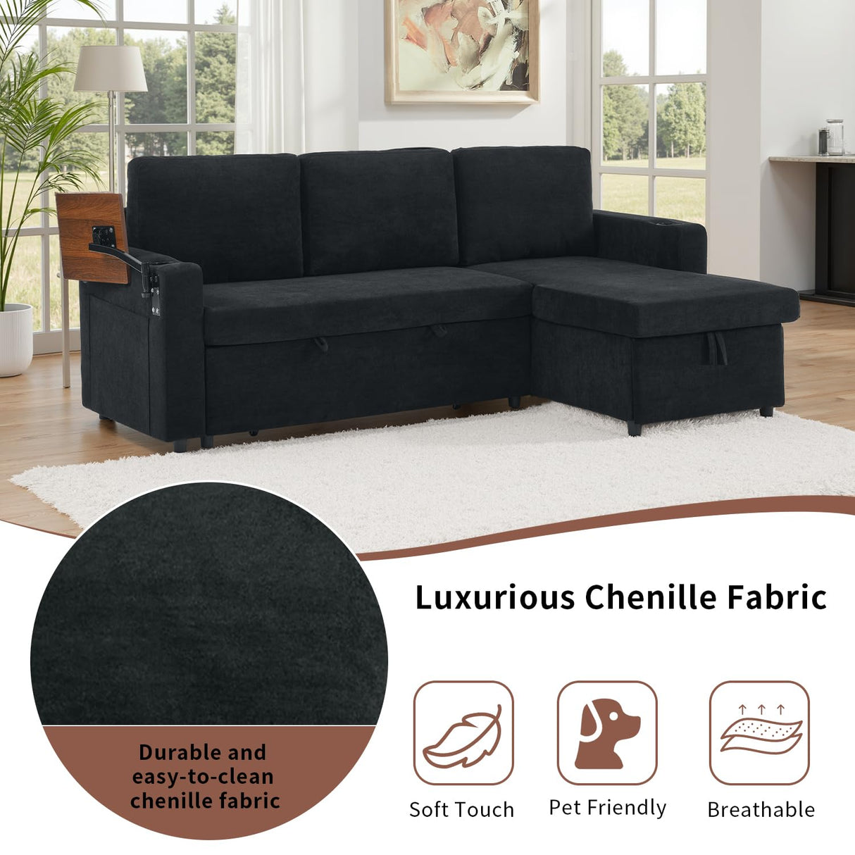 KCGKCG Sleeper Sofa Bed, 85" Pull Out Couch Bed with Reversible Storage Chaise for Living Room, L Shaped Sleeper Sofa with Retractable Table, Charging Station, Cup Holder & LED Lighting, Black KCGKCG