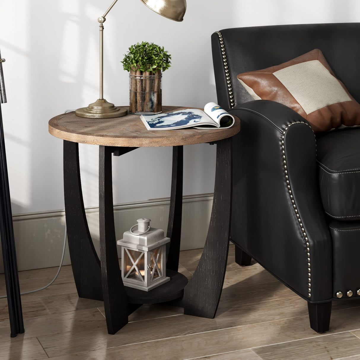 COZAYH Rustic Farmhouse End Table with Storage Shelf, French Country Accent Side Table for Family, Dinning or Living Room, Small Spaces, Modern, Round COZAYH