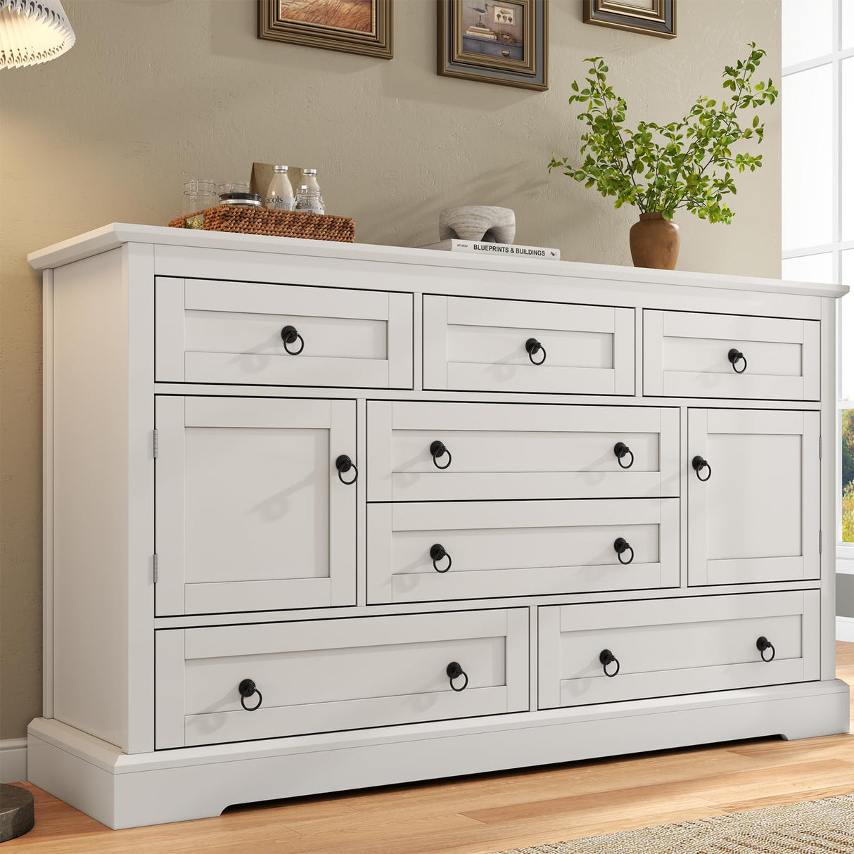 Gyfimoie Farmhouse 7 Drawer Dresser for Bedroom, 52 Inch White Chest of Drawer Dresser with Doors, Storage Dressers Organizer Cabinet for Bedroom, Living Room and Hallway Gyfimoie