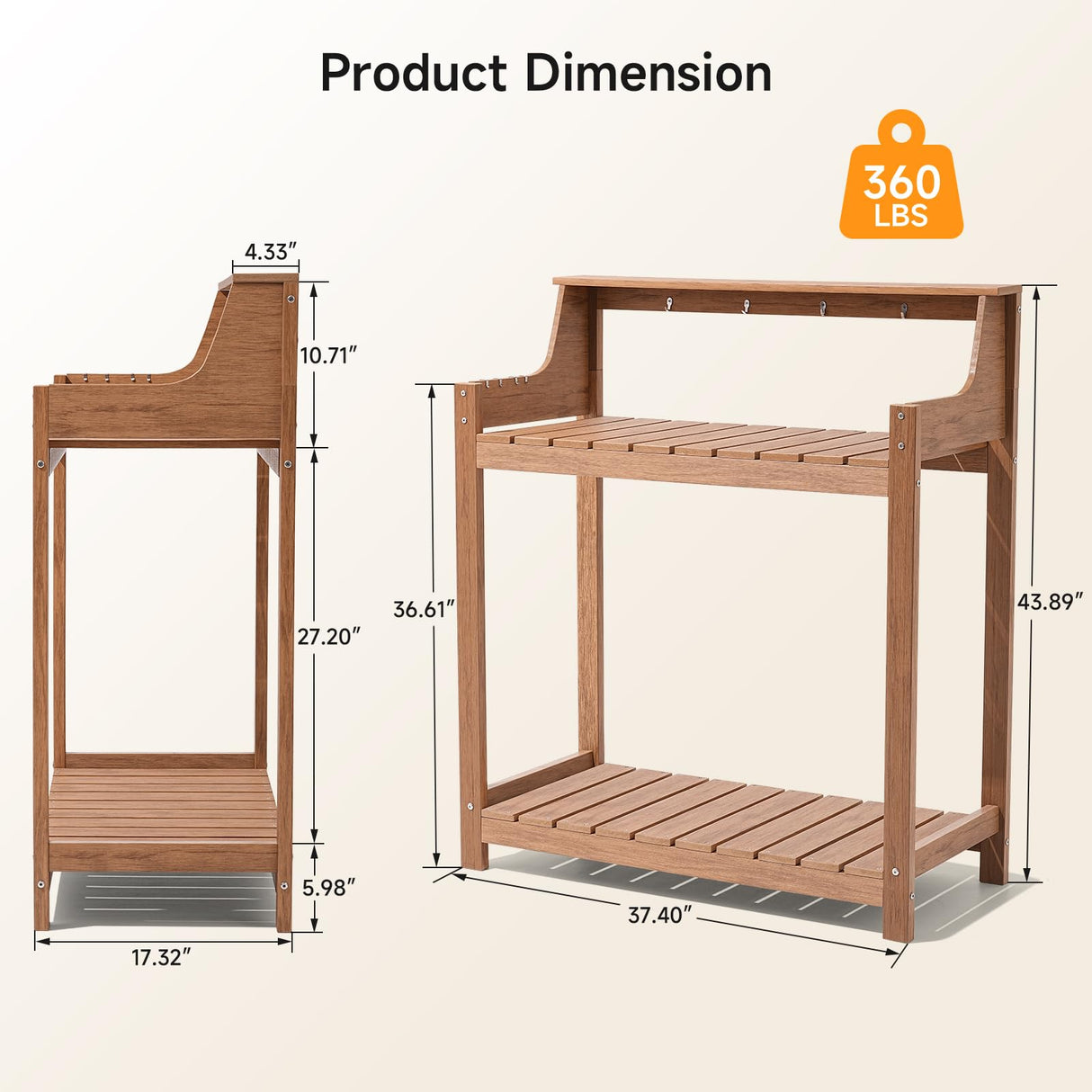 ONBRILL HDPS Potting Bench, All Weather Potting Table with 8 Hooks and Highten Tabletop, Easy Assembly Garden Work Bench, Outdoor Potting Benches for Outside Patio Lawn, 360LBS Capacity, Teak ONBRILL
