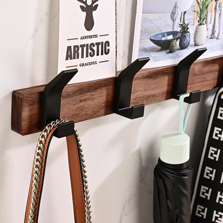 Jadorn Coat Rack Wall Mount - 15.7 Inches Walnut Wood Coat Hooks Coat Rack Wall Mount with 4 Hooks Black Aluminum Coat Hooks for Hanging Coat Hat Bag Hat Rustproof Coat Hanger Jadorn