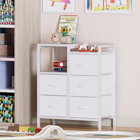 Furnulem 5 Drawer White Dressers for Bedroom Tall 2 Tier Shelf Storage Small Fabric Dresser for Closet Sturdy Metal Frame Modern Dresser Bedroom Dresser with Drawers for Hallway Rooms Furnulem