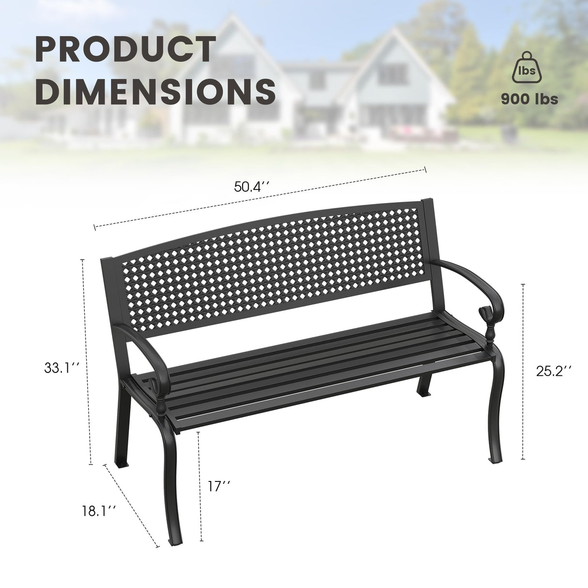 ARKOST Outdoor Bench, 50.4" Patio Metal Frame Garden Bench with Backrest and Curved Armrests for Lawn Backyard, Black ARKOST