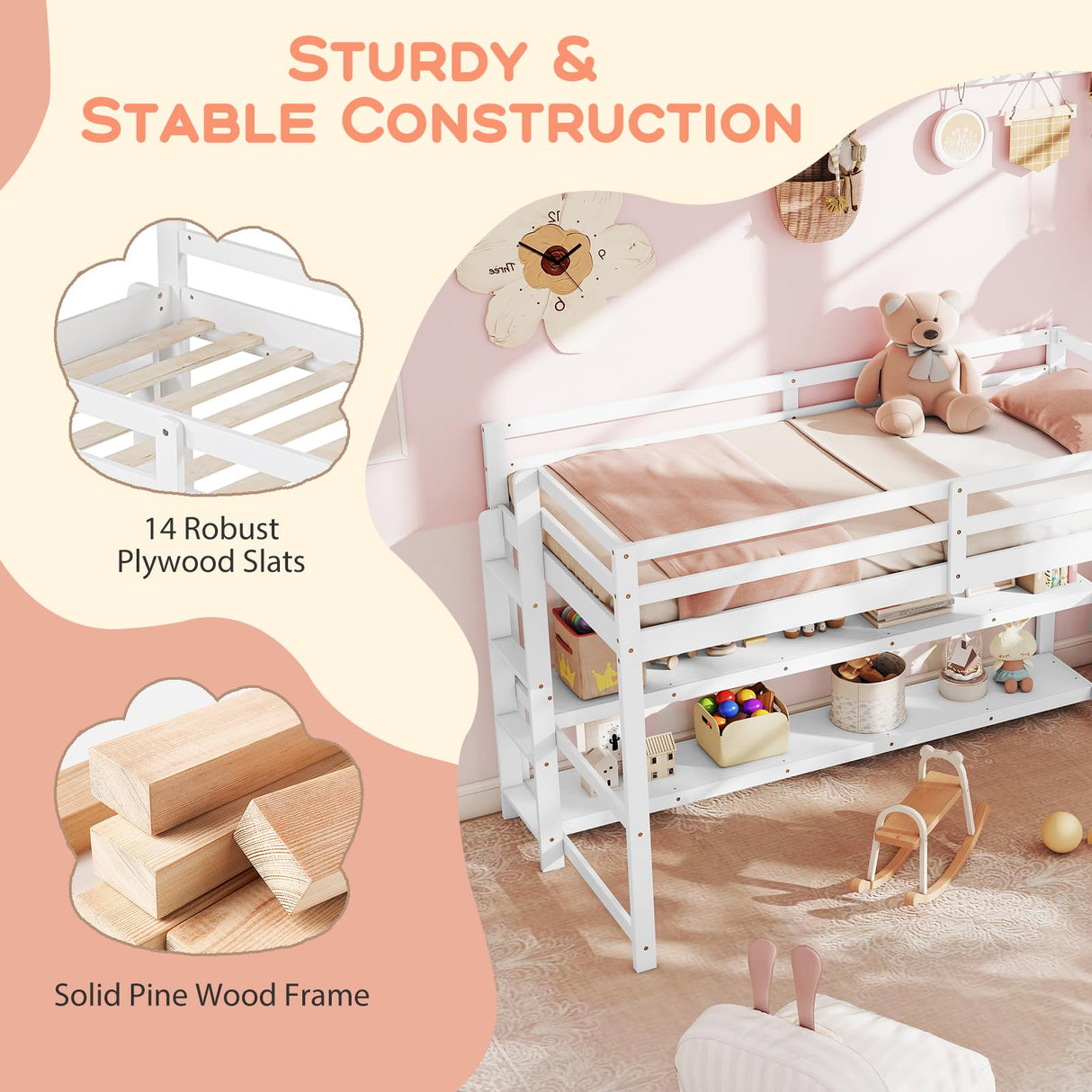 Giantex Twin Low Loft Bed with Storage Shelves, Wooden Loft Bed with Full-Length Guardrails & Ladder, Modern Space-Saving Twin Bed Frame for Kids Dorm Apartment, No Box Spring Needed, White Giantex