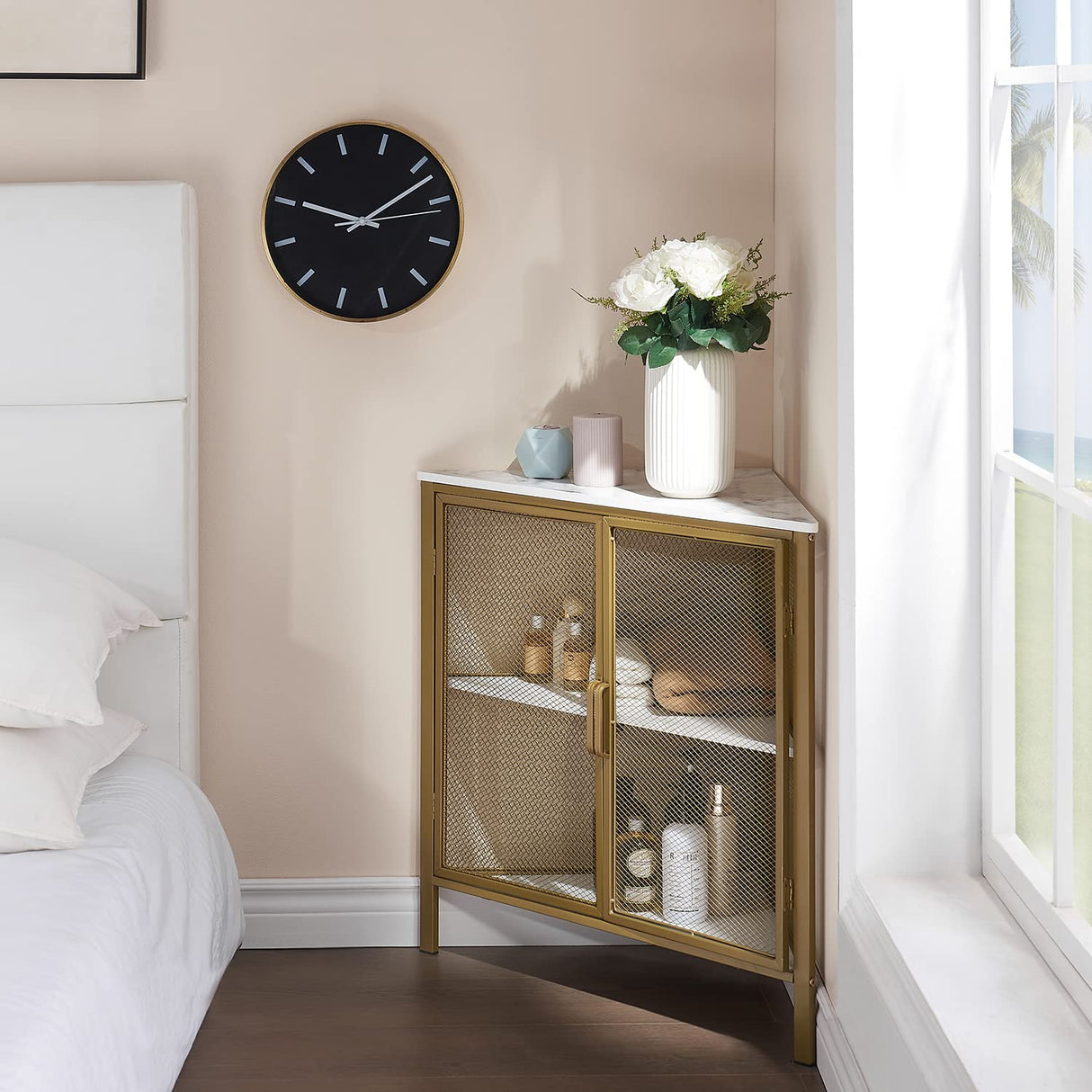 VECELO Corner Cabinet/Table, 3-Tier Shelves with Protection Door, Metal Frame Storage Shelf Organizer for Small Space, Living Room, Kitchen, Bathroom, Set of 1, Gold VECELO