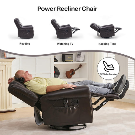 SOFTHION Swivel Rocker Recliner Chair, Leather Massage Vibration Heat Traditional Manual Recliner for Adults, Single Sofa for Living Room, Bedroom Home Theater Seating, Glider, Brown SOFTHION