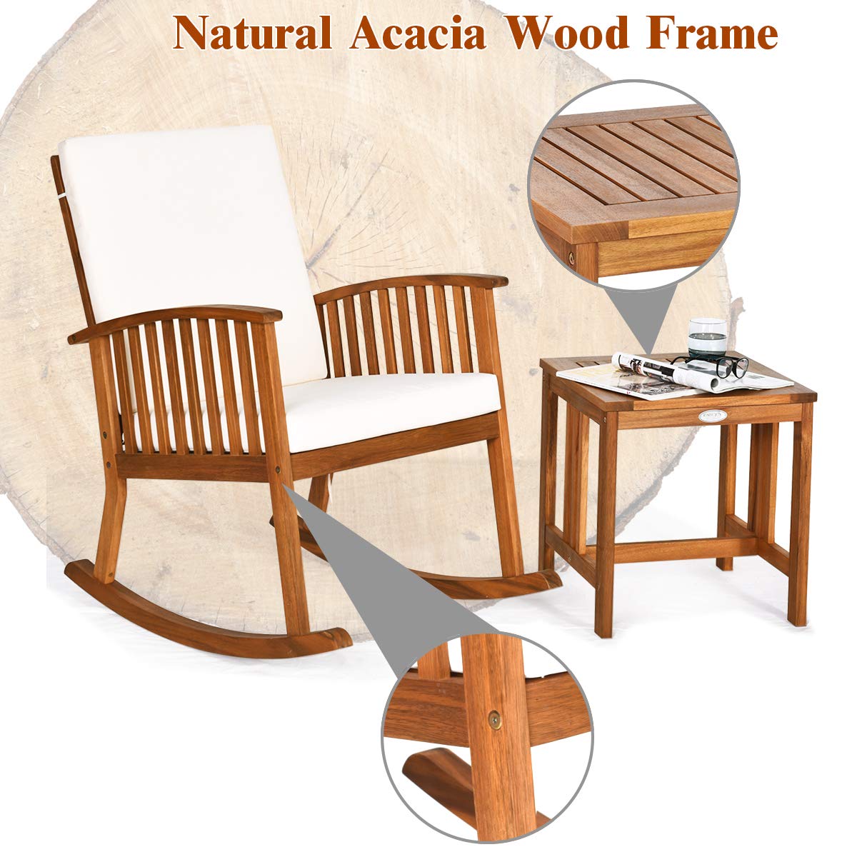Tangkula Acacia Wood Patio Bistro Set, Outdoor Rocking Chair with Table, Porch Rocker with Thick Cushion of Detachable Cover, Porch Rocking Chair Table Set for Outdoor Indoor Patio Backyard, Teak Tangkula