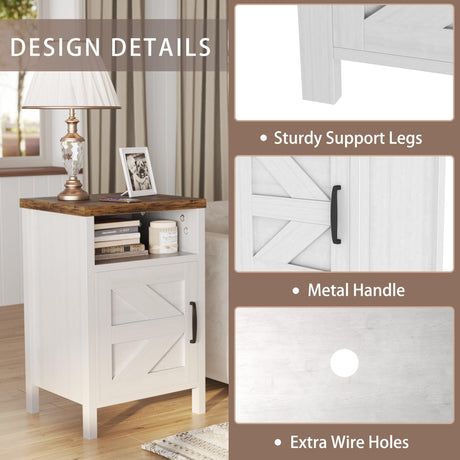 JUMMICO Farmhouse Nightstand, Modern Bedside Table Set of 2 with Barn Door and Shelf, Rustic End Table Side Table for Bedroom, Living Room (White) JUMMICO
