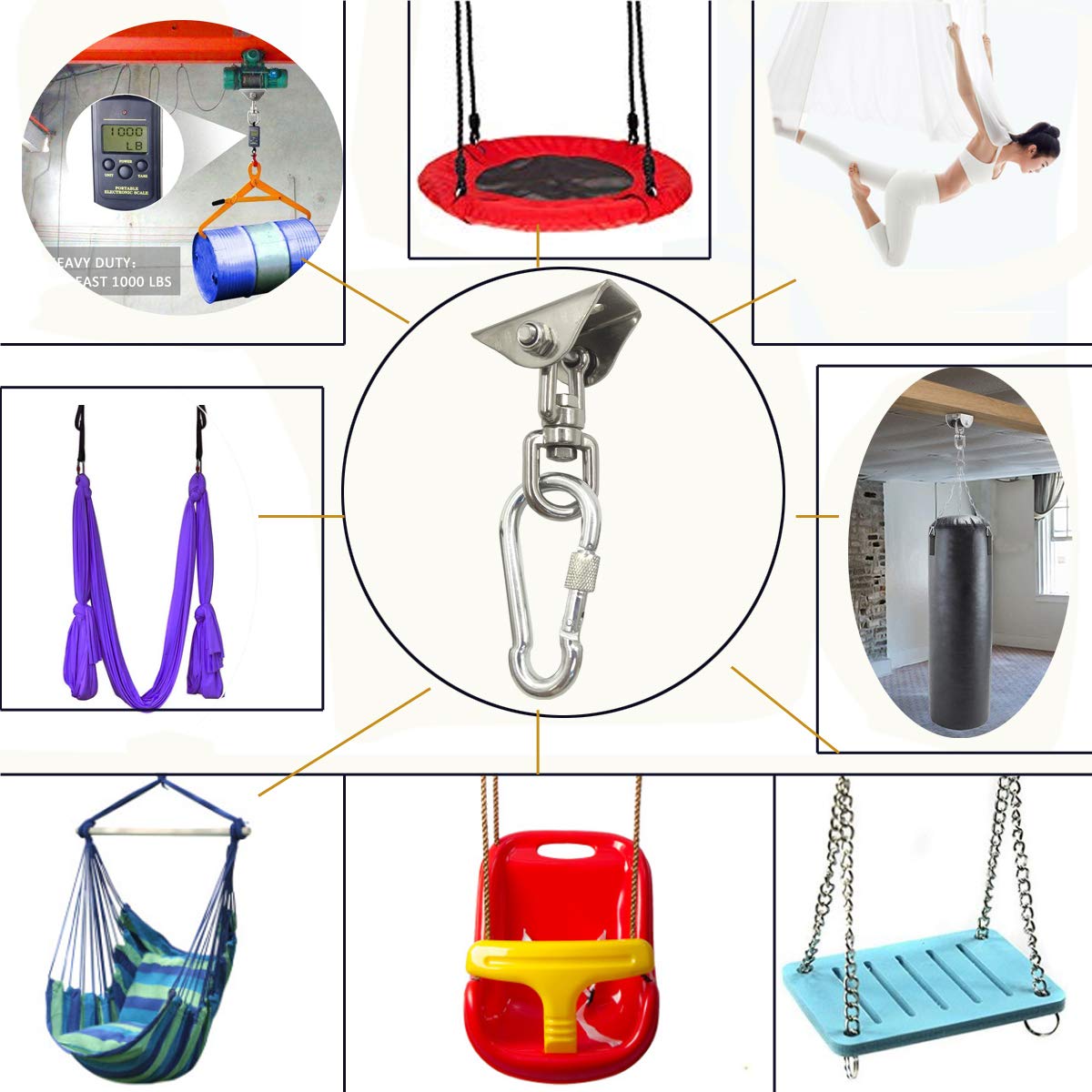 Arlai Hanging Chair Hardware Hanging Kit - Heavy Duty 360° Rotate Ultra Durable Hooks for Swing, Yoga, Playground, Gym, Punching Bag Hanger, 1000 lb Capacity Arlai