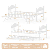 Daybed with Trundle, Sturdy Metal Twin Size Day Bed with Stylish Headboard, Height Adjustable Trundle Bed Twin, Heavy Duty Steel Slats Platform for Living Room, Bedroom and Guest Room, White GarveeHome