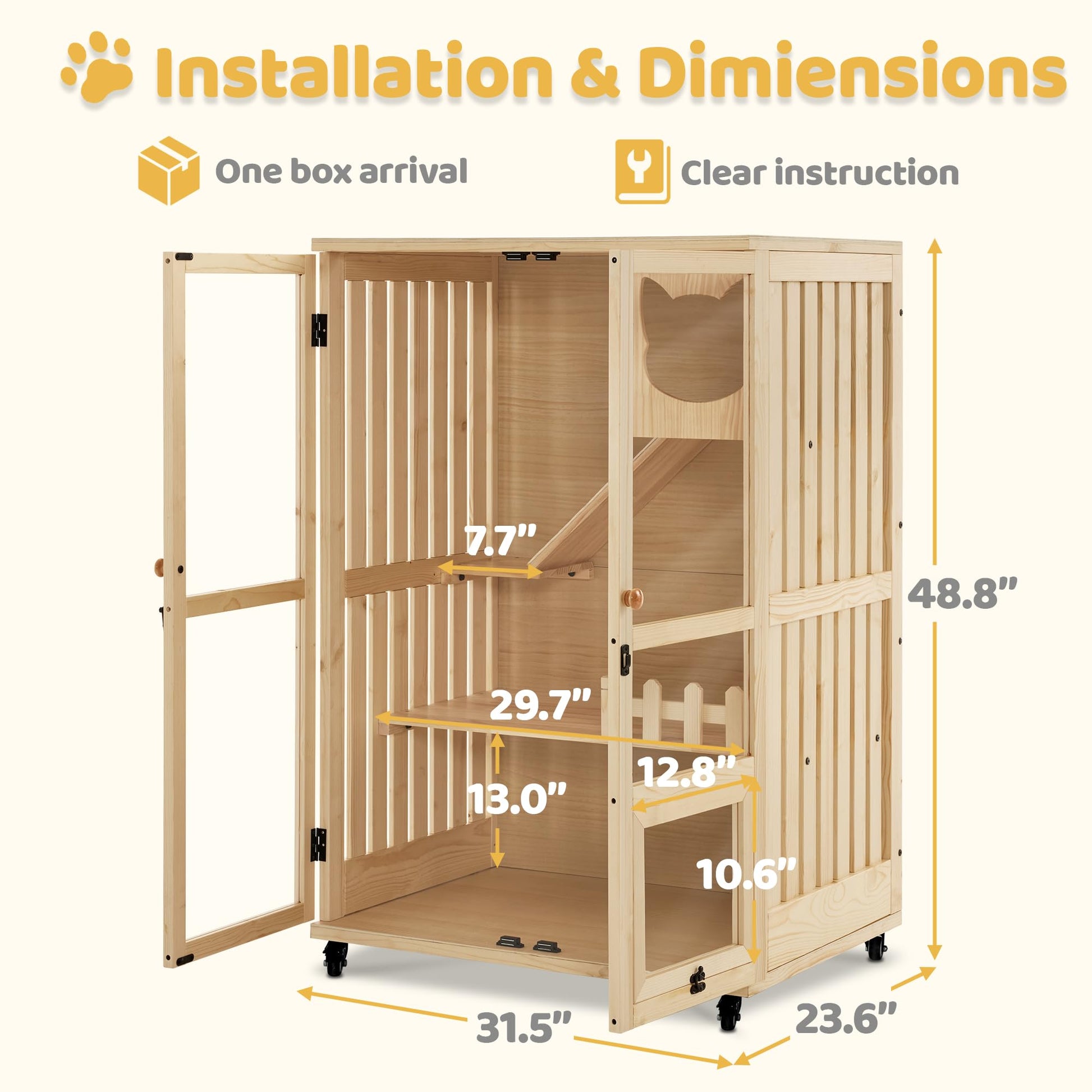 MCombo Wooden Cat Houses for Indoor Cats, Luxury Cat House with Scratching Pad, Lockable Doors, Wheels, CT090 - WoodArtSupply