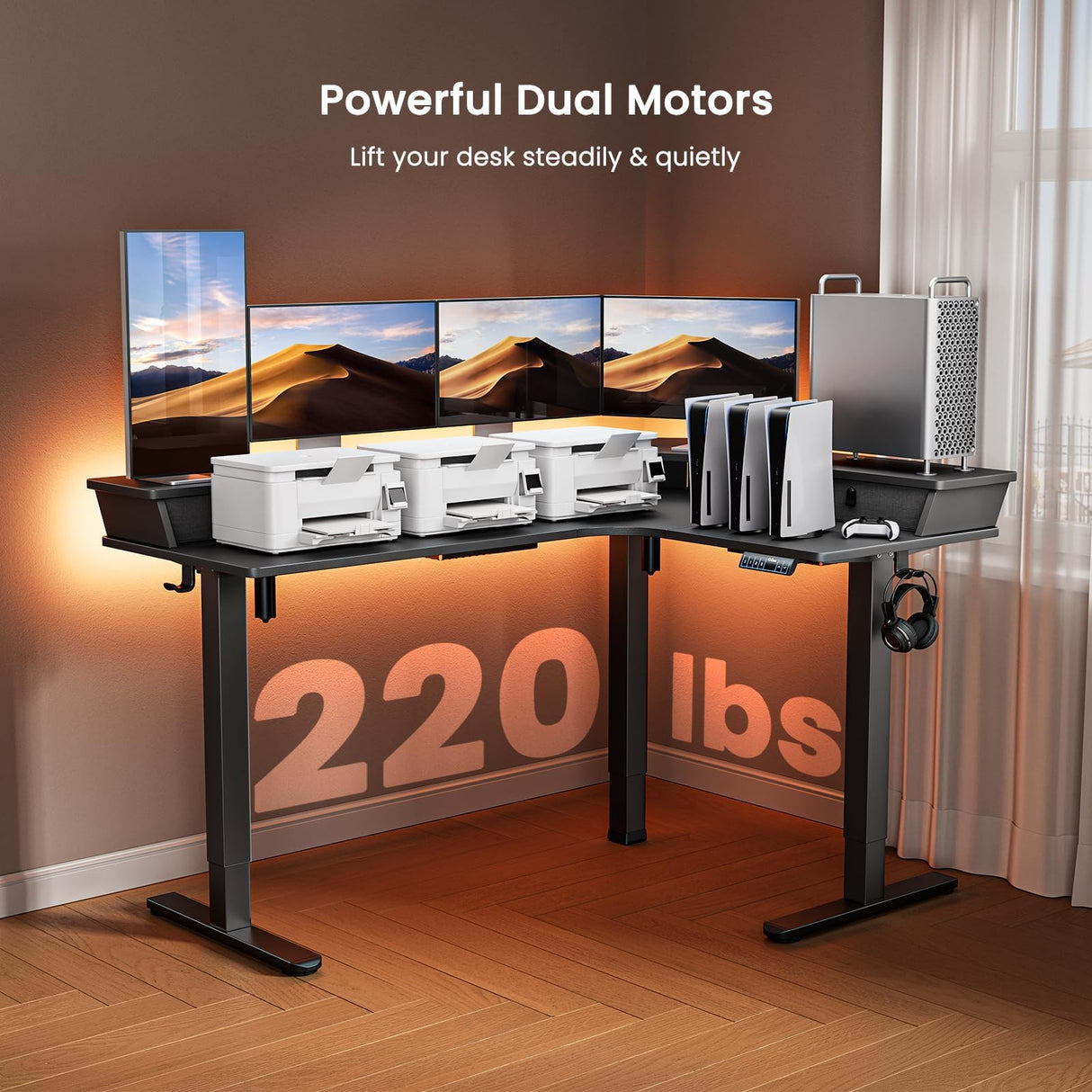 ErGear 65″ L Shaped Corner Standing Desk, 3 Drawers & 2 Cable Management Trays Large Stand up Desk, C-Clamp Mount Compatible Height Adjustable Desk for Home Office, Black ErGear