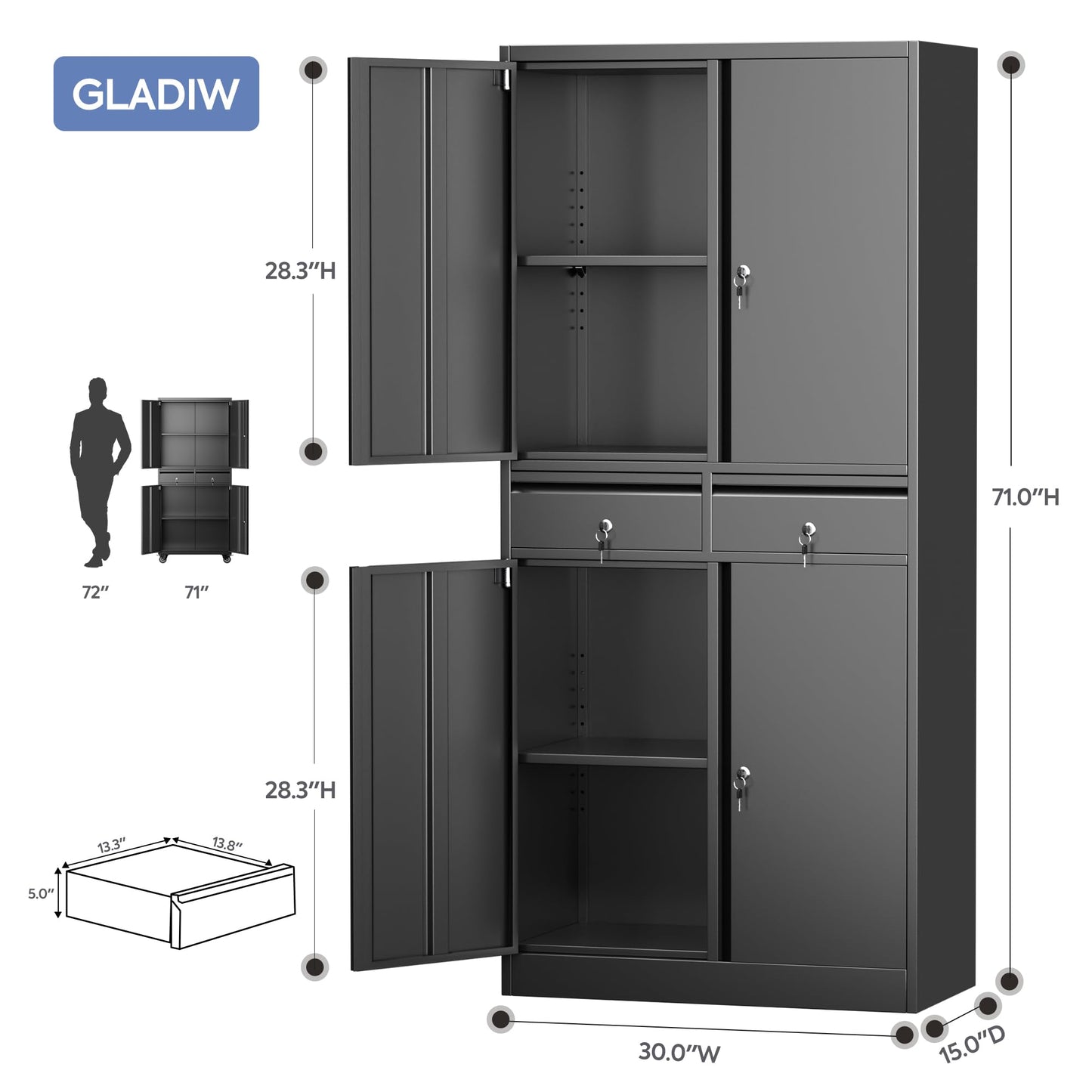 GLADIW Metal Storage Cabinet, Garage Storage Cabinet with 2 Drawers and 2 Adjustable Shelves, Locking Cabinet for Homes, Offices, Kitchens, Schools and Pantries, Black, Assembly Required - WoodArtSupply