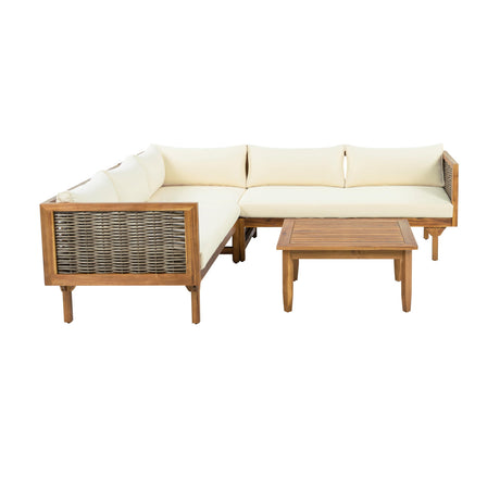 Christopher Knight Home Tenntt 5-Seater Acacia Wood Patio Furniture Set, Outdoor Conversation Sofa Chat Set with Coffee Table, Wicker Arm, Sectional Seating Group for Backyard Balcony, Teak+Beige Christopher Knight Home