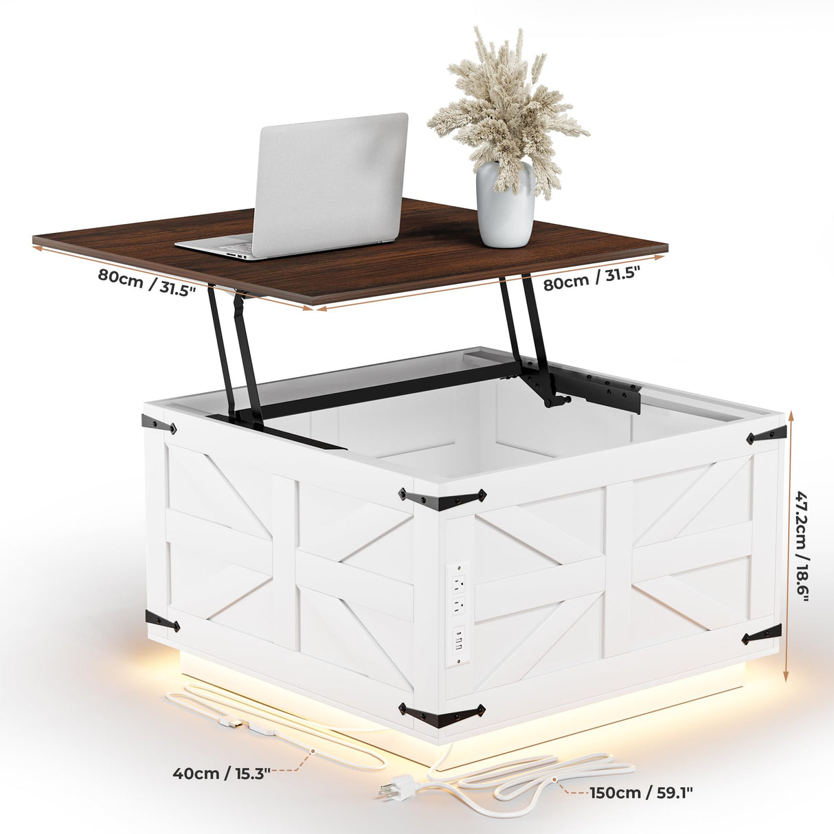 Lift Top Coffee Table with Storage Farmhouse Square Rustic Center Table for Living Room, LED Lights, Charging Station, Hinged Soft Close, Large Hidden Storage, Modern, Metal Corner, White Wood VVFLU