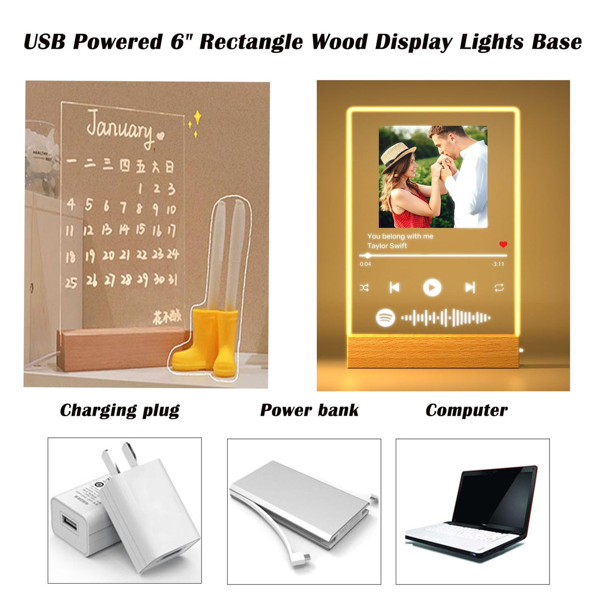 Lyshujli 2Pcs 6" Warm Light Wooden LED Lights Display Pedestal, Rectangle Wood Led Lights Display Base for Acrylic Sheet Plexiglass 3D Crystal Glass Resin Art Lyshujli