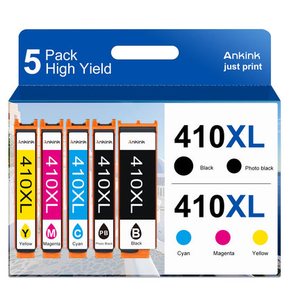 Ankink Remanufactured Ink Cartridge Replacement for Epson 410XL 410 XL T410XL (Black and Tricolor 5-Pack) to use with XP-7100 XP-830 XP-640 XP-630 XP-530 XP-635 XP7100 Printer