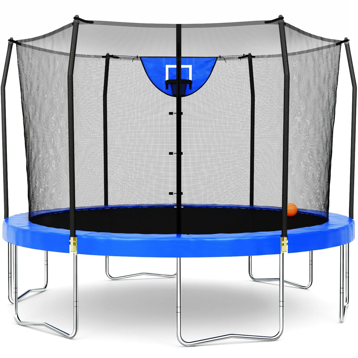 Skywalker Trampoline Outdoor Jump N' Dunk 8 FT, 12 FT, 15 FT, Round Outdoor Trampoline with Net, Trampoline Mat, and Basketball Hoop for Trampoline, ASTM Approval, 800 LBS Weight Capacity - Blue Skywalker Trampolines