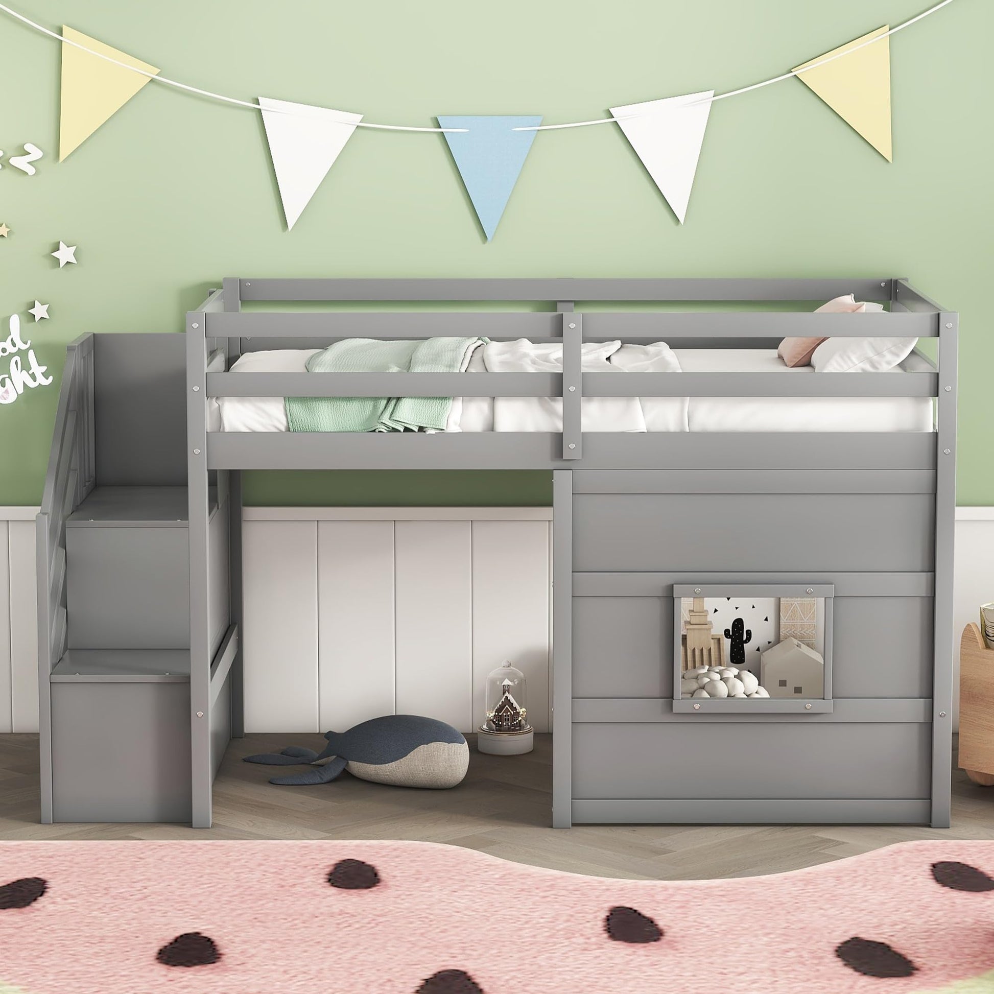 Harper & Bright Designs Grey Twin Size Low Loft Bed with Stairs and Playhouse Window - WoodArtSupply