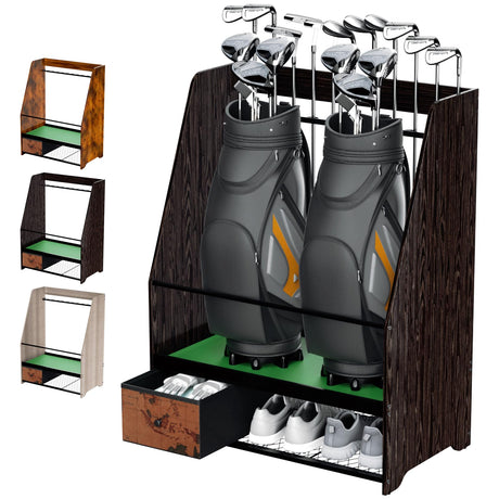 Ponsonbay Golf Bag Organizer Rack – Large Wooden Golf Storage for 2 Bags, Clubs & Accessories with Dustproof Drawer, Sports Equipment Rack for Garage, Practice Room, Home or Office (Black) Ponsonbay