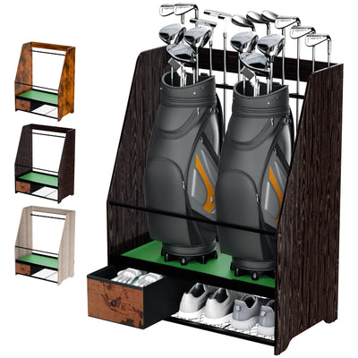 Ponsonbay Golf Bag Organizer Rack – Large Wooden Golf Storage for 2 Bags, Clubs & Accessories with Dustproof Drawer, Sports Equipment Rack for Garage, Practice Room, Home or Office (Black)