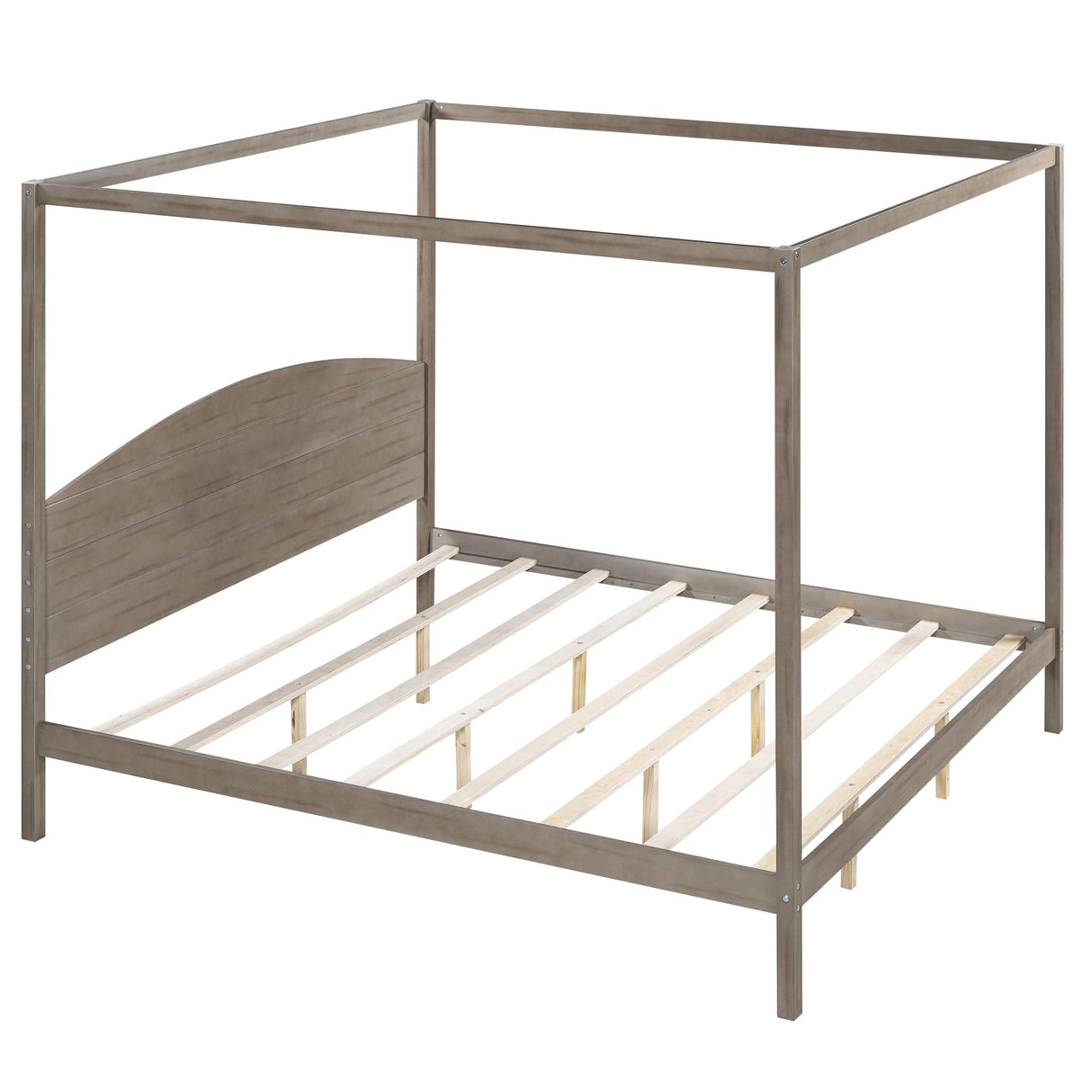 Wooden King Size Canopy Bed with Headboard and Support Legs in Brown Wash Finish KLMM