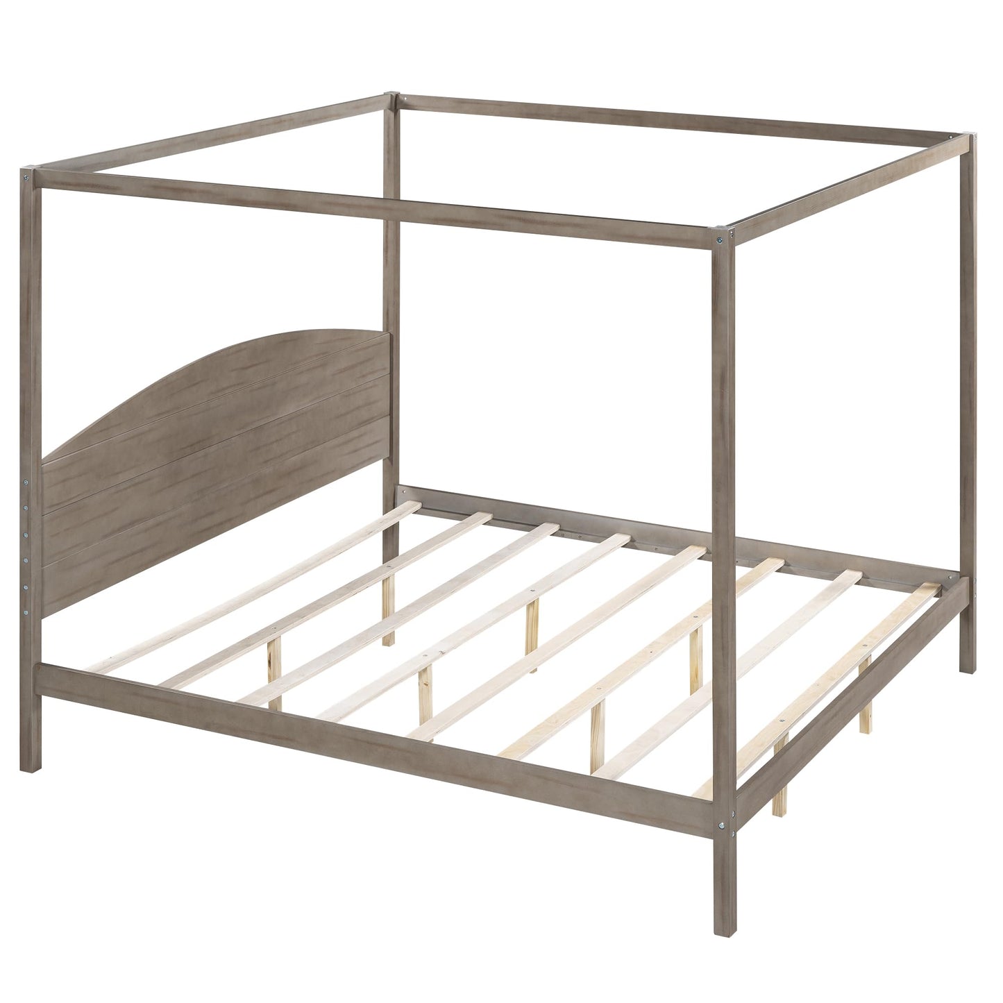 Wooden King Size Canopy Bed with Headboard and Support Legs in Brown Wash Finish - WoodArtSupply