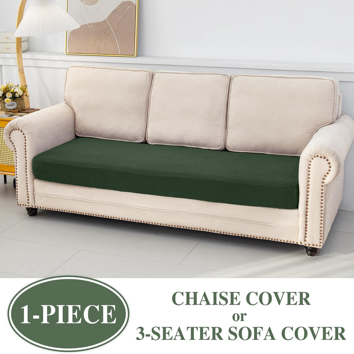 LA MEACK Couch Cushion Cover Chaise Lounge Cover Washable Separate Seat Chaise Couch Cover Stretch Sectional Sofa Slipcover(1 Piece for Chaise or Sofa 3-Seater, Green) LA MEACK