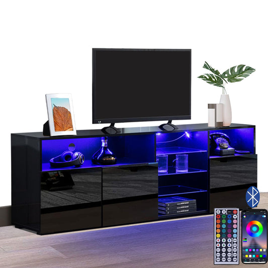 Uspeedy High Glossy LED Stand for 65 inch TV, Modern TV Entertainment Center with Adjustable Storage Shelf, Console Table with RGB LED 20 Color Lighting(63IN Black)