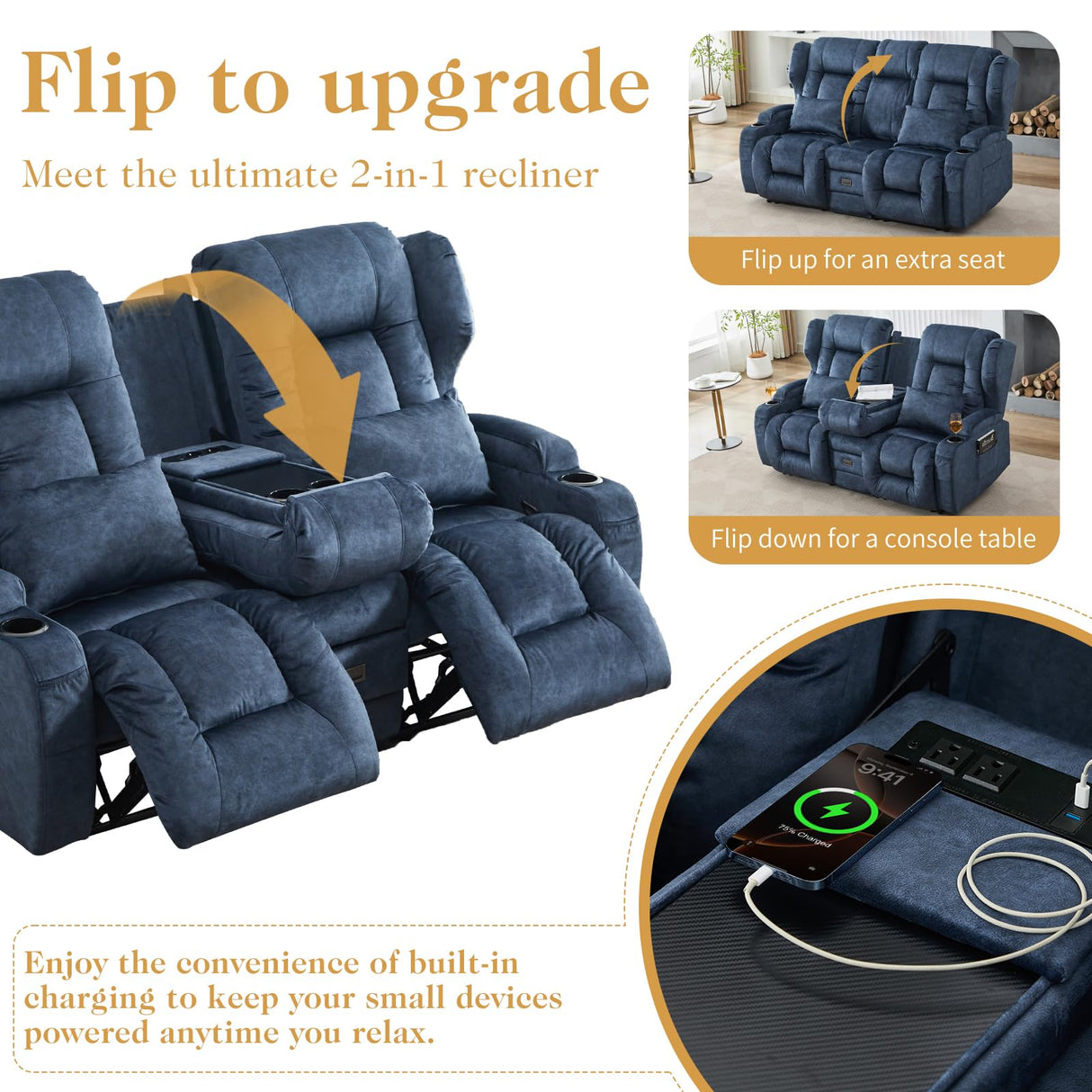 TCGBKAF Loveseat Recliner Sofa with Flip-up Console,Reclining Loveseat Sofa Wall Hugger Recliners for Small Spaces,Dual Manual Recliner Couches with Cup Holders for Living Room (Velvet Blue) TCGBKAF