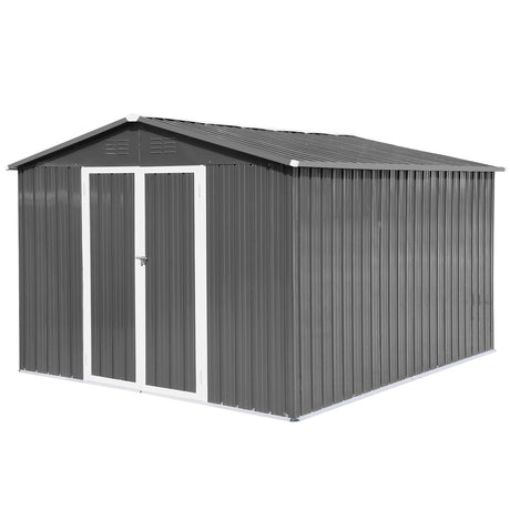 Outdoor 10x12 FT Storage Shed - Large Outdoor Metal Tool Storage Shed with Lockable Hinged Door, Air Vents & Apex Roof, Sturdy All-Weather Utility Tool Garden Storage for Backyard Patio Lawn, Grey Ibraccieni
