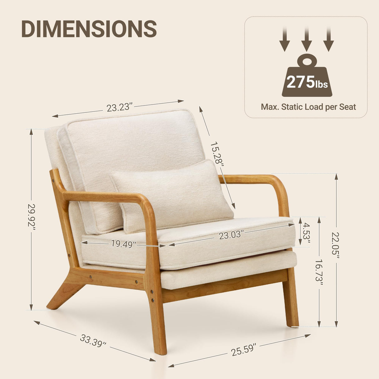 COLAMY Mid Century Modern Accent Chair with Lumbar Pillow, Relaxing Armchair with Solid Wood Frame & Soft Cushion, Reading Leisure Chair for Living Room,Bedroom,Waiting Room（Beige） COLAMY