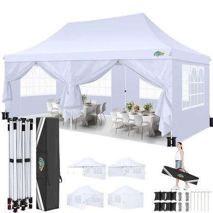 COBIZI 10x20 Pop Up Canopy Tent with Sidewalls, Commercial Ez Up Canopy, 3 Adjustable Heights, Waterproof and UV Protection 50+, Outdoor Gazebo Pop up Tent for Parties & Patio with 4 Sandbags