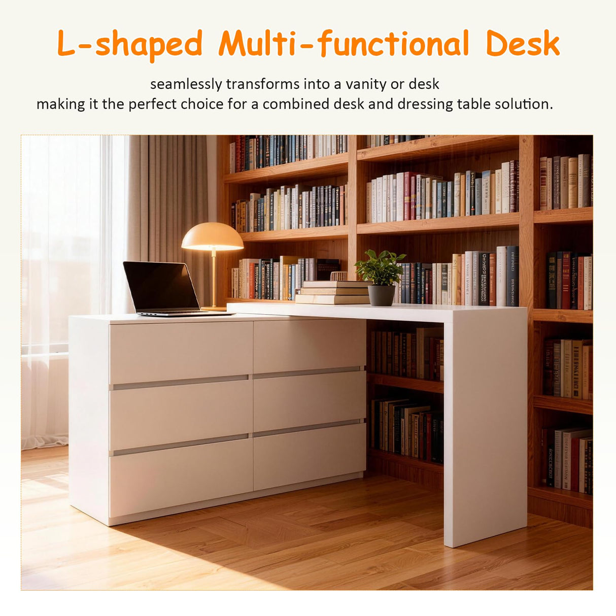 Hotpzeddaque L Shaped Vanity Desk with 6 Drawers, 80.7″ Dresser Desk Combo with Storage,Wood Makeup Dressing Table for Bedroom Corner, Women Girls, White (80.7“) Hotpzeddaque