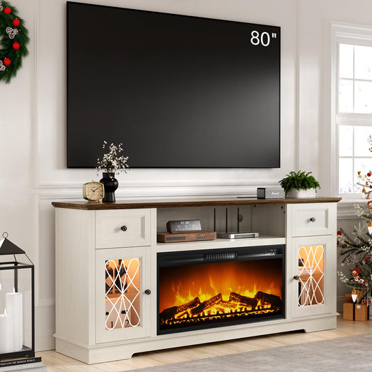 Fireplace TV Stand with Charger Station, Farmhouse Entertainment Center with 36" Electric Fireplace and Led Lights, for 80 Inch TV, Fire Place TV Stands for Living Room with Glass Door Closed Storage