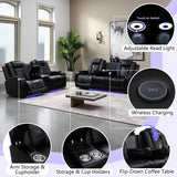 Anthato Leather Power Recliner Sofa Set, Living Room Furniture Sets, 2 Piece Reclining Sofa Set with LED, Black Recliner Furniture with Arm Storage/Cup Holders/Charging Ports for Home Theater/Office Anthato