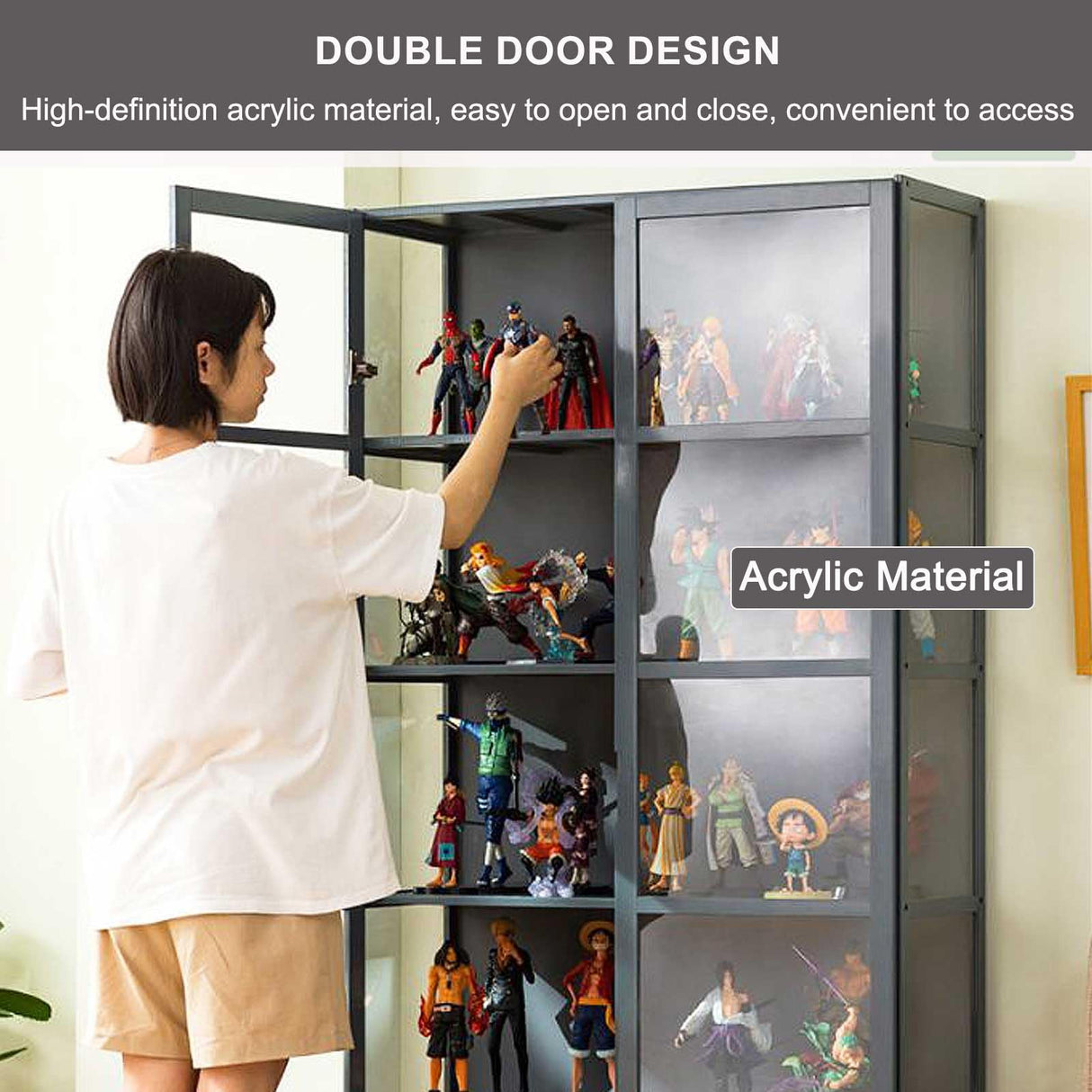 Curio Display Cabinet, 4-Tier Storage Shelves with Acrylic Double Door, Collectibles Toy Organizers Rack & Display Shelf, Bookshelf and Bookcase for Playroom, Bedroom,Grey,130×82cm/51×32in Generic