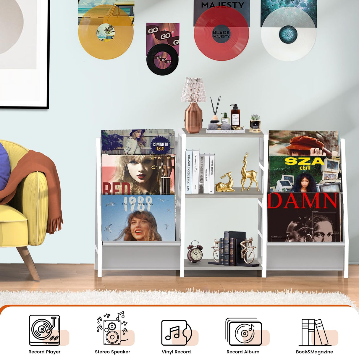 sugitek Record Player Stand,Vinyl Storage with 6-Tier Up to 280 Albums CDs, Display Shelf for Living Room,Bedroom（White） sugitek