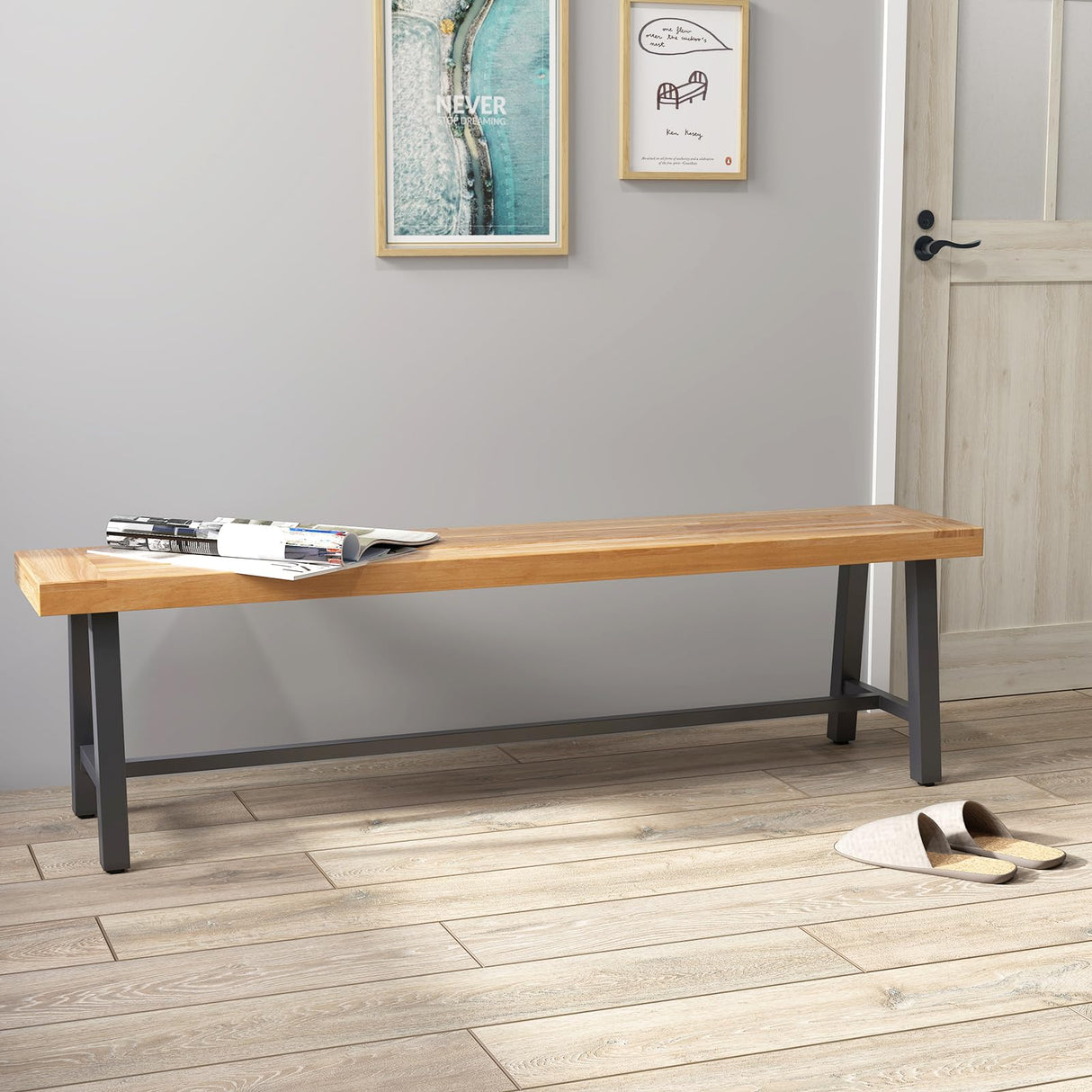 Toolsempire Outdoor Bench Garden Bench, 63" Backless Acacia Wood Bench with Heavy-Duty Metal Legs, Patio Dining Bench Front Porch Benches for Outside, Yard & Garden Toolsempire